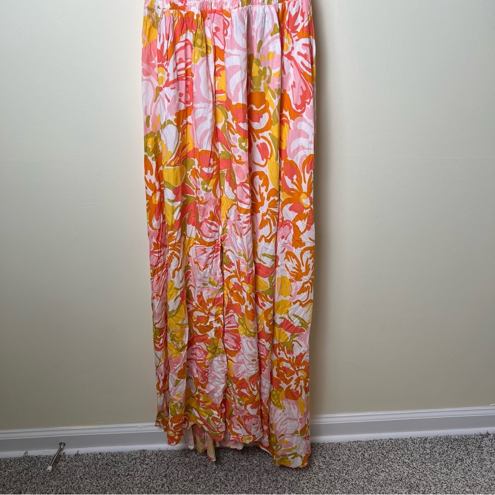 Abel The Label Anthropologie Smocked Waist Floral Halter Maxi Dress Orange Large - Picture 3 of 10